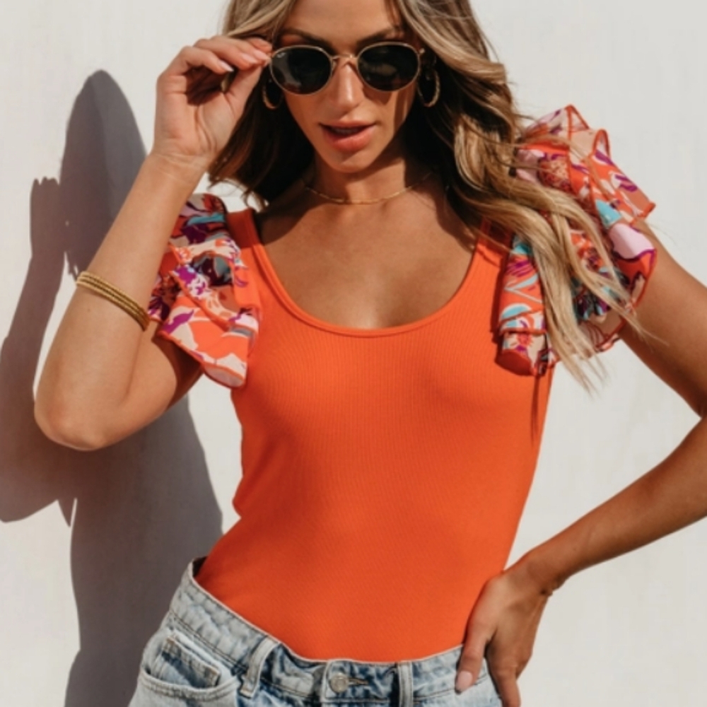 Orange Ribbed Knit Tiered Ruffled Sleeve Bodysuit | Size: M, L